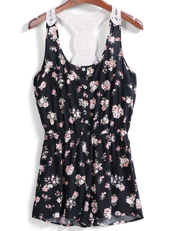 Romwe Y-back Florals Black Dress