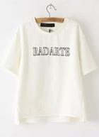 Romwe Dip Hem With Split Letter Print White T-shirt