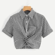 Romwe Twist Front Pocket Gingham Blouse