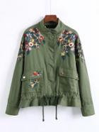 Romwe Embroidery Flower Military Peplum Jacket
