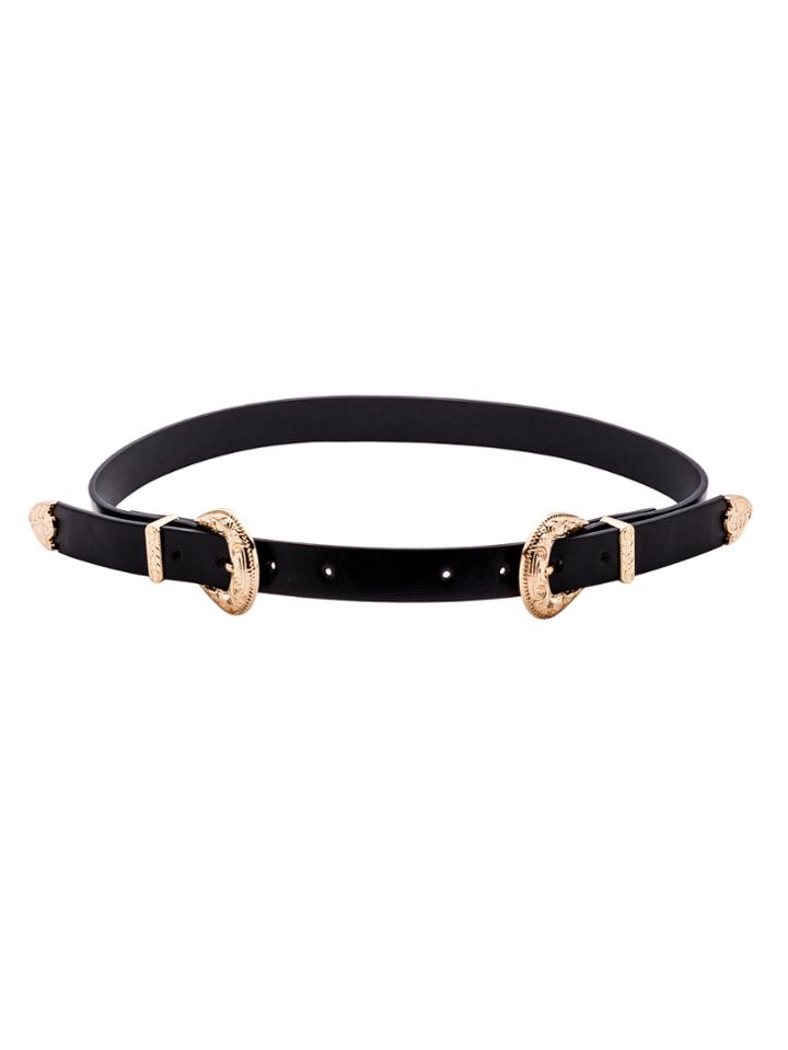 Romwe Black Faux Leather Gold Double Buckle Belt