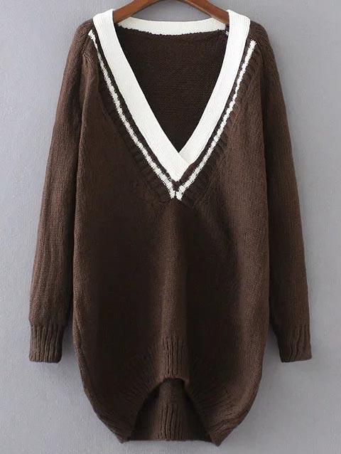 Romwe Coffee Contrast V Neck High Low Sweater