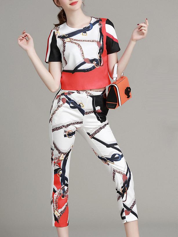 Romwe Multicolor Crew Neck Print Top With Pants