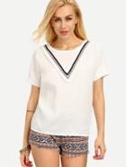 Romwe Embroidered Tape Embellished T-shirt - White