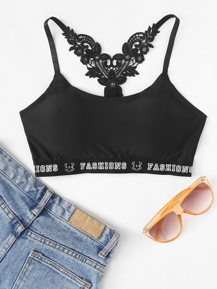 Romwe Lace Panel Letter Print Hem Cami Top