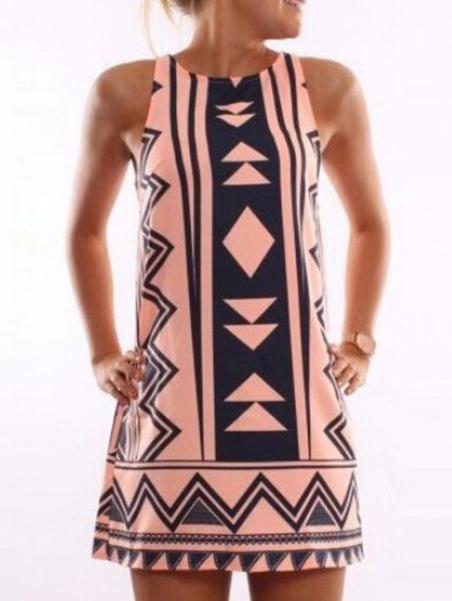 Romwe Pink Sleeveless Geometric Print Shift Dress