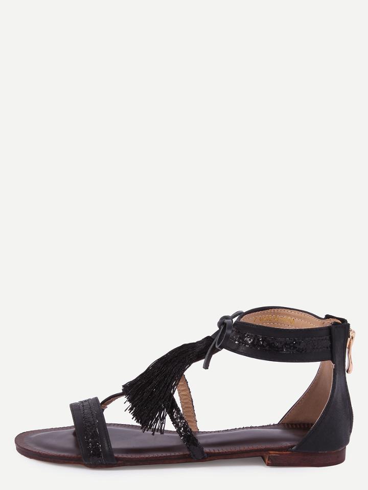 Romwe Black Fringe Flat Sandals