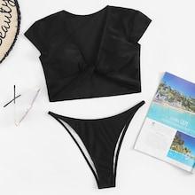 Romwe Twist Front Top With High Cut Two Piece Swimwear