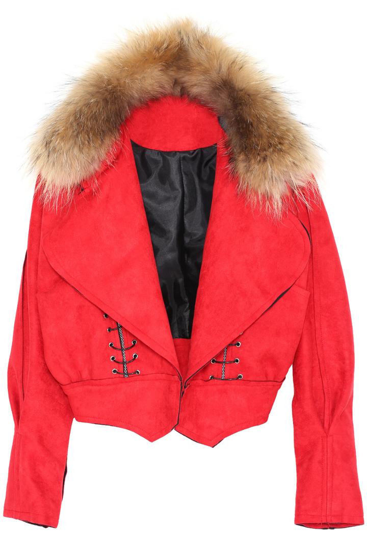 Romwe Detachable Faux Fur Lapel Suede Red Coat