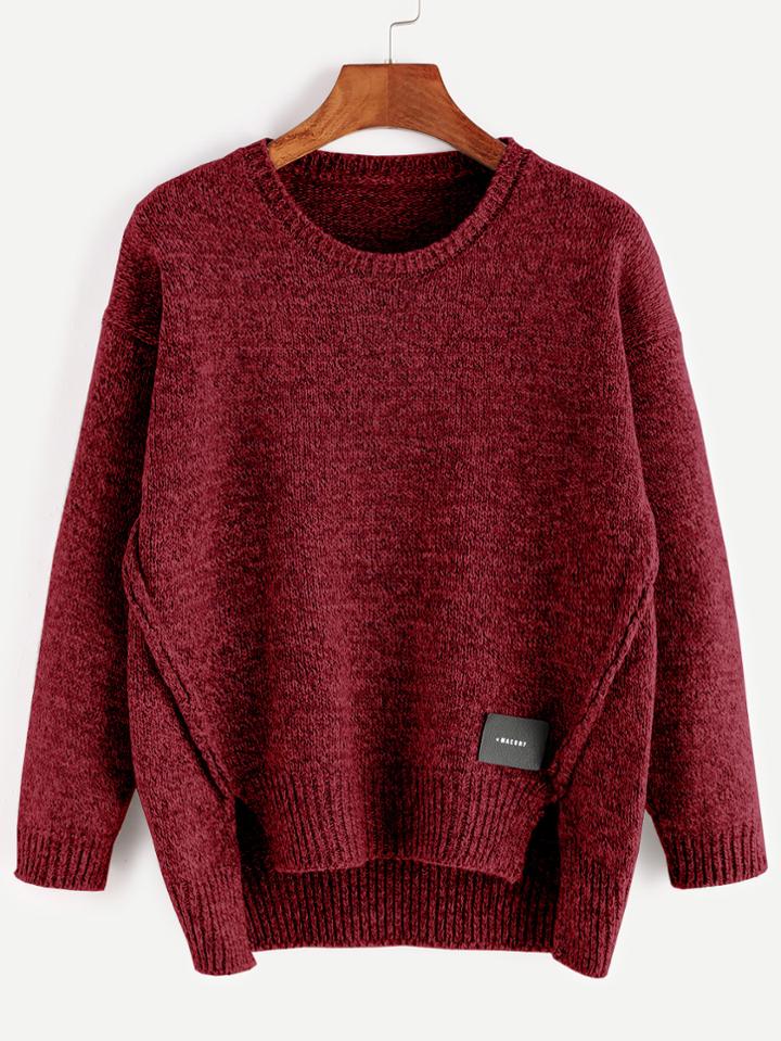 Romwe Burgundy Dip Hem Slit Patch Detail Sweater