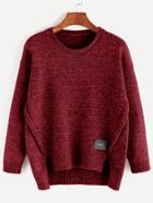 Romwe Burgundy Dip Hem Slit Patch Detail Sweater
