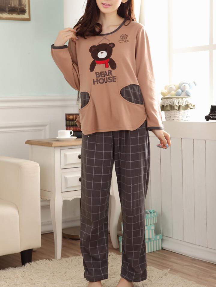 Romwe Curved Hem Tee & Grid Print Pants Pj Set