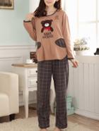 Romwe Curved Hem Tee & Grid Print Pants Pj Set