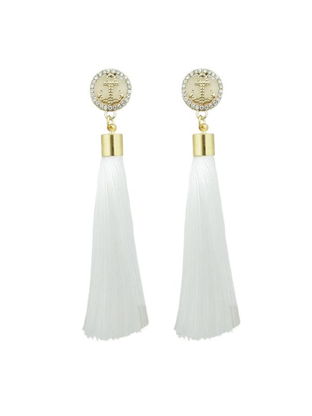 Romwe White Anchor Decoration With Long Tassel Drop Statement Earrings