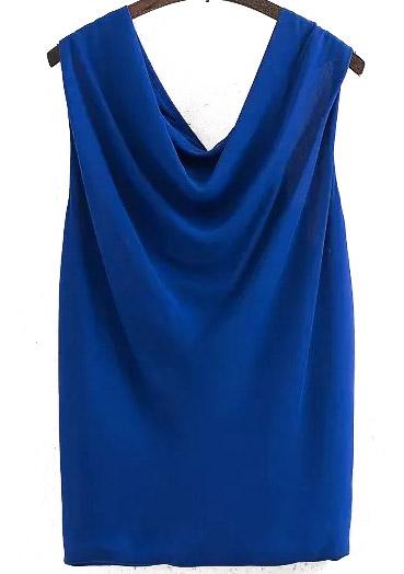 Romwe Blue Draped Neck Sleeveless Chiffon Blouse