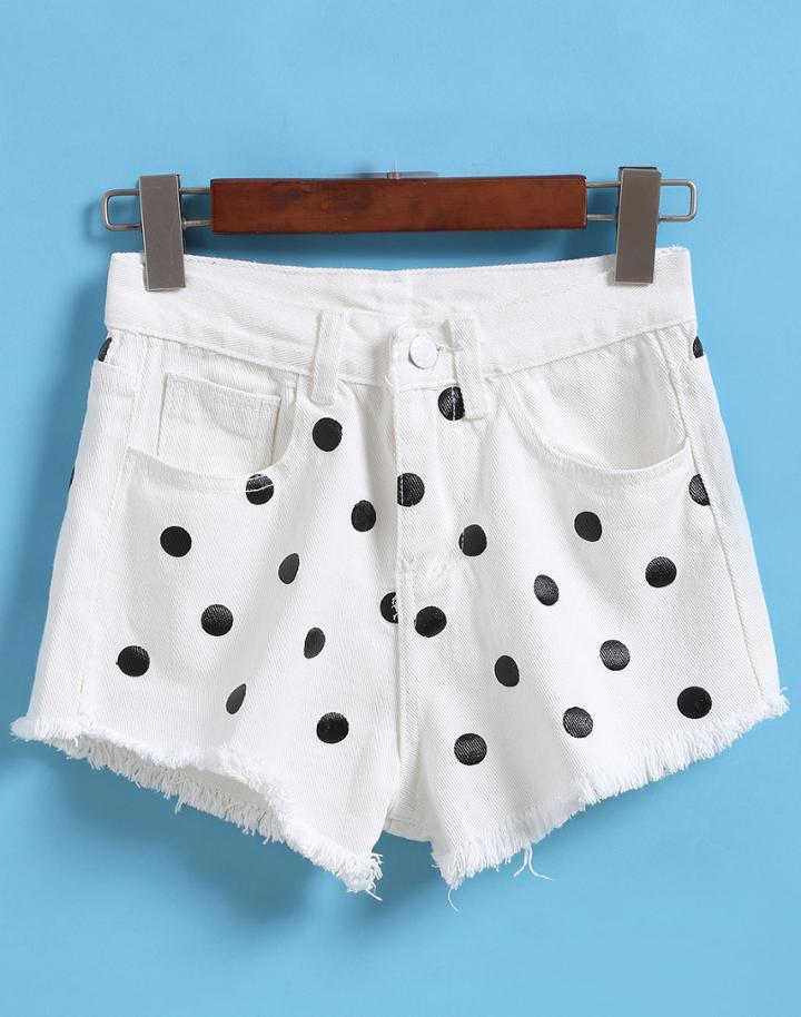 Romwe Polka Dot Fringe Denim White Shorts