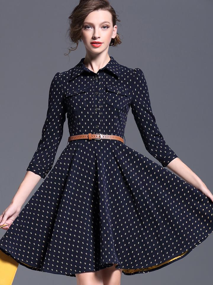 Romwe Navy Lapel Length Sleeve Drawstring Print Dress