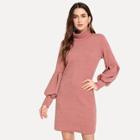 Romwe Bishop Sleeve High Neck Solid Sweater Dress