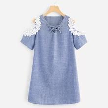 Romwe Lace Panel Open Shoulder Striped Dress