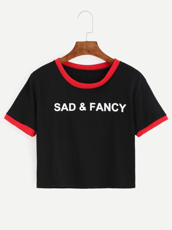Romwe Black Contrast Trim Letter Print T-shirt