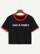Romwe Black Contrast Trim Letter Print T-shirt