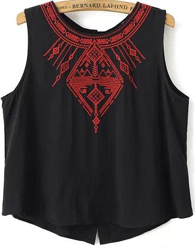 Romwe Sleeveless Embroidered Buttons Black Tank Top
