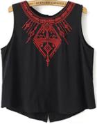 Romwe Sleeveless Embroidered Buttons Black Tank Top