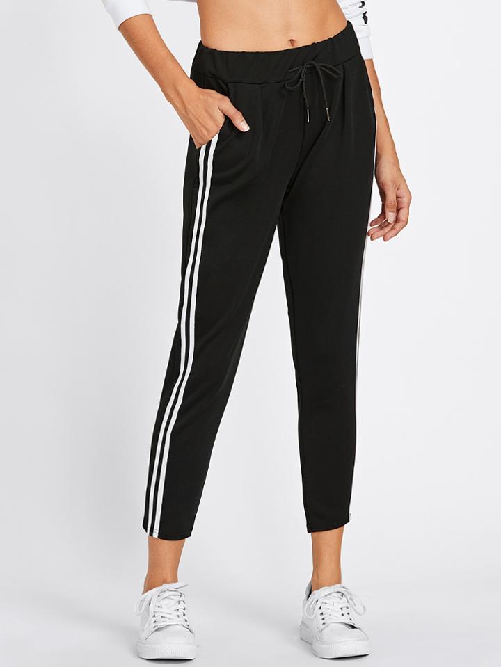Romwe Striped Side Drawstring Crop Pants