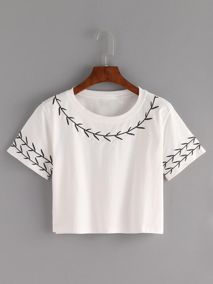 Romwe Branch Embroidered Crop T-shirt - White