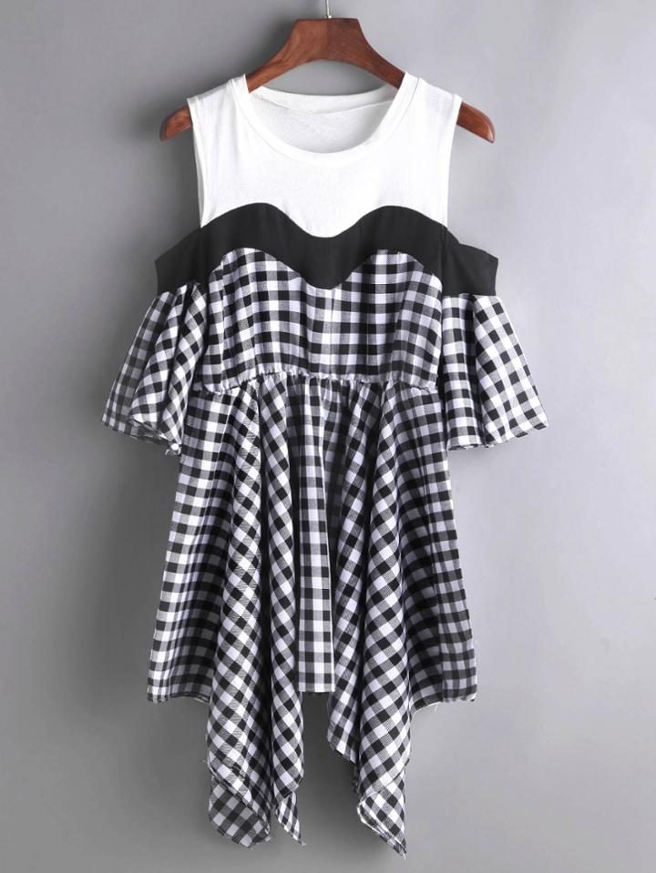 Romwe Cold Shoulder Contrast Plaid Panel Asymmetrical Dress