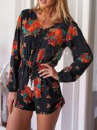Romwe V Neck Florals Drawstring Romper