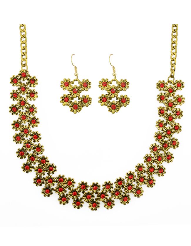 Romwe Red Enamel Flower Shape Necklace Earrings Set