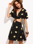 Romwe Black Deep V Neck Flower Print Bell Sleeve Combo Dress