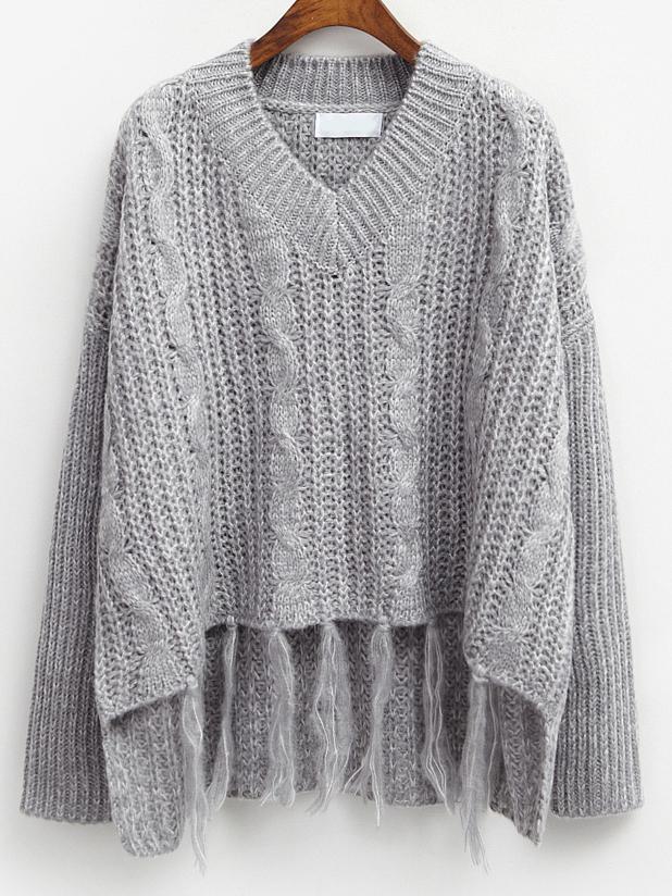 Romwe V Neck Dip Hem Fringe Sweater