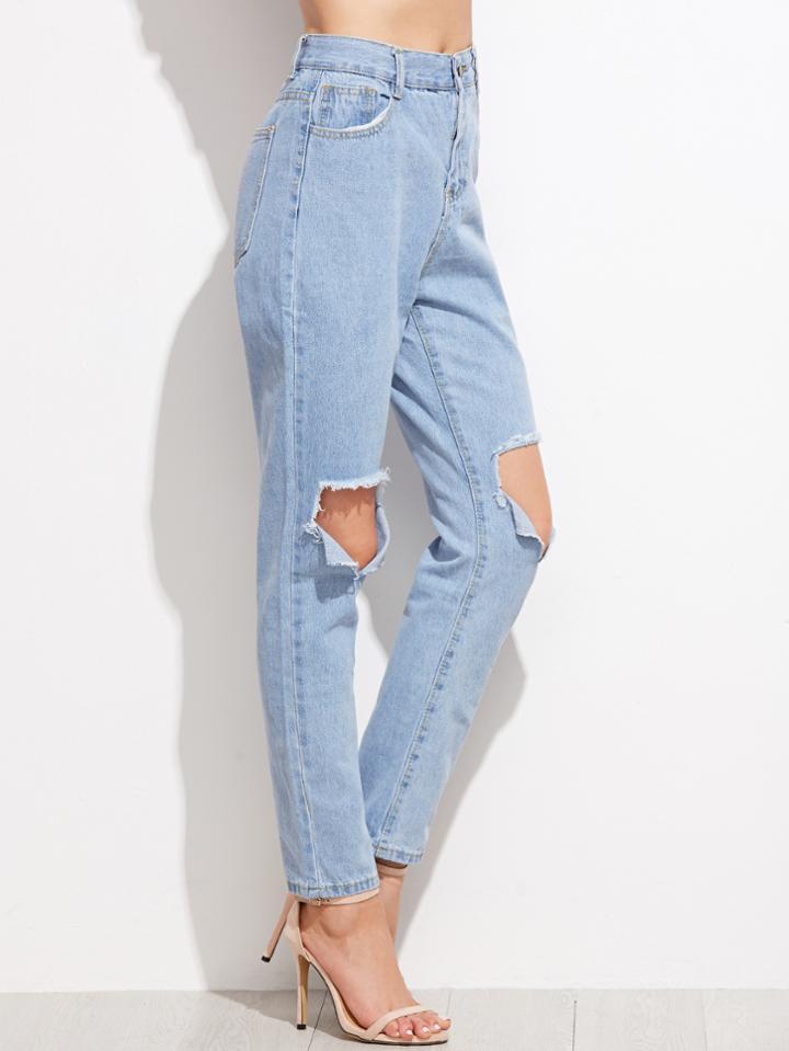 Romwe Light Blue Ripped Ankle Denim Jeans