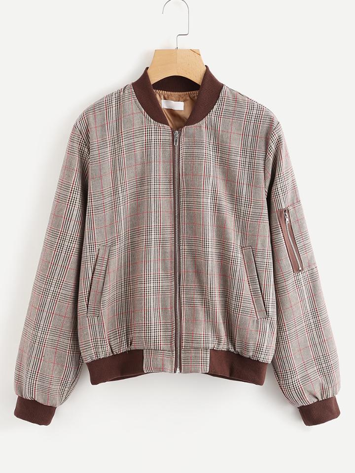 Romwe Contrast Trim Checked Zip Up Jacket