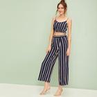 Romwe Striped Frill Hem Cami Top With Wide Leg Pants