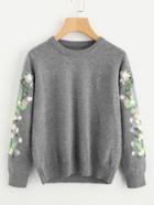 Romwe Embroidered Flower Applique Heather Knit Sweater