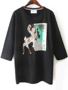 Romwe With Sequined Deer Pattern Loose Black Sweatshirt