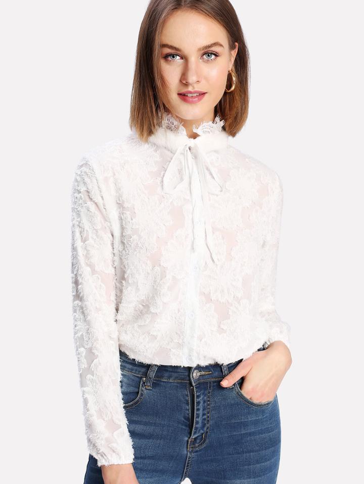 Romwe Faux Fur Contrast Tie Neck Lace Blouse