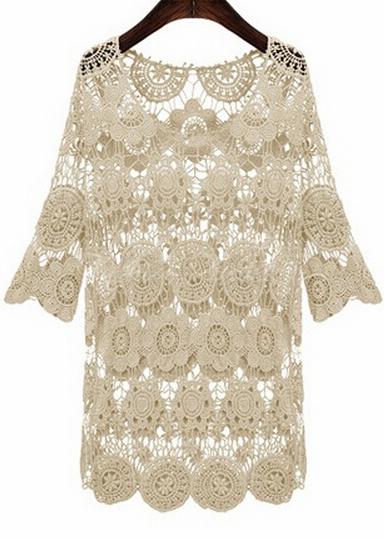 Romwe Floral Crochet Hollow Lace Apricot Dress