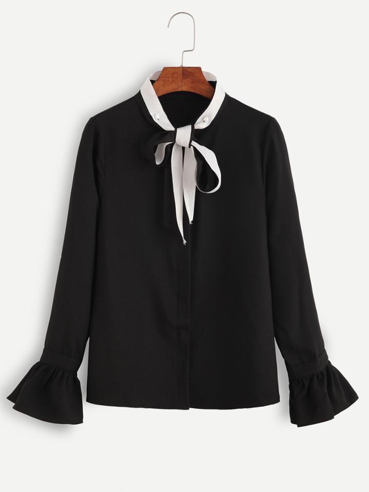 Romwe Black Contrast Neck Self Tie Ruffle Blouse
