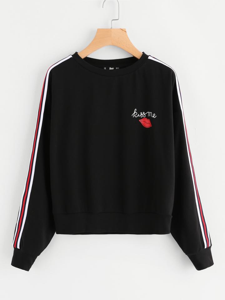Romwe Striped Sleeve Red Lip Print Sweatshirt