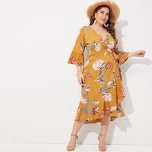 Romwe Plus Floral Print Ruffle Hem Wrap Dress