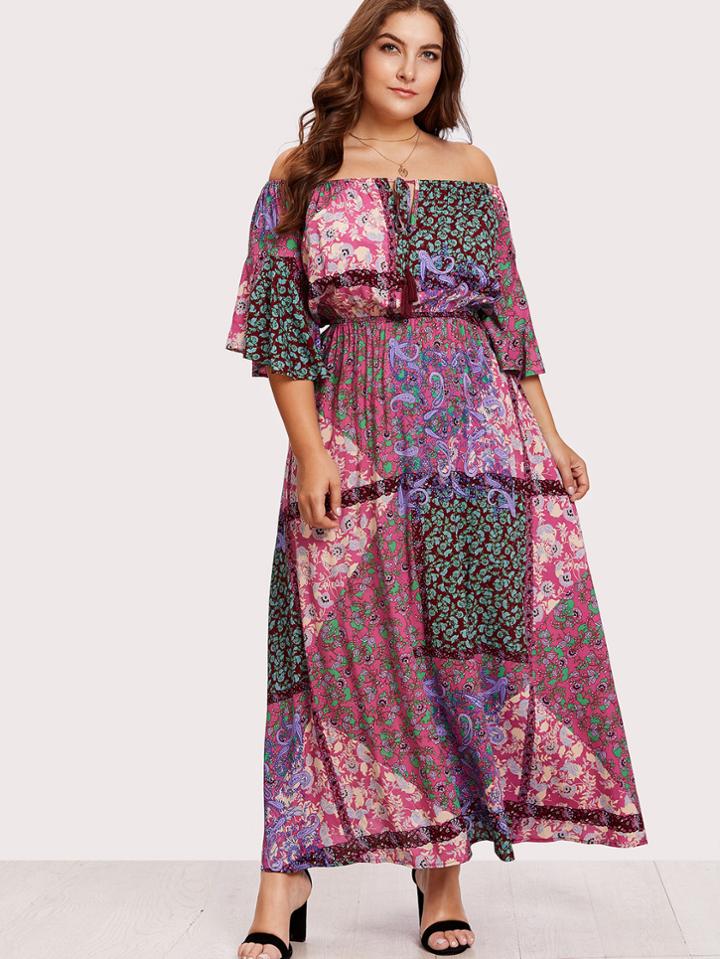 Romwe Tassel Tie Front Patchwork Print Bardot Dress