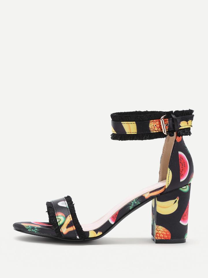 Romwe Fringe Trim Fruit Print Heeled Sandals