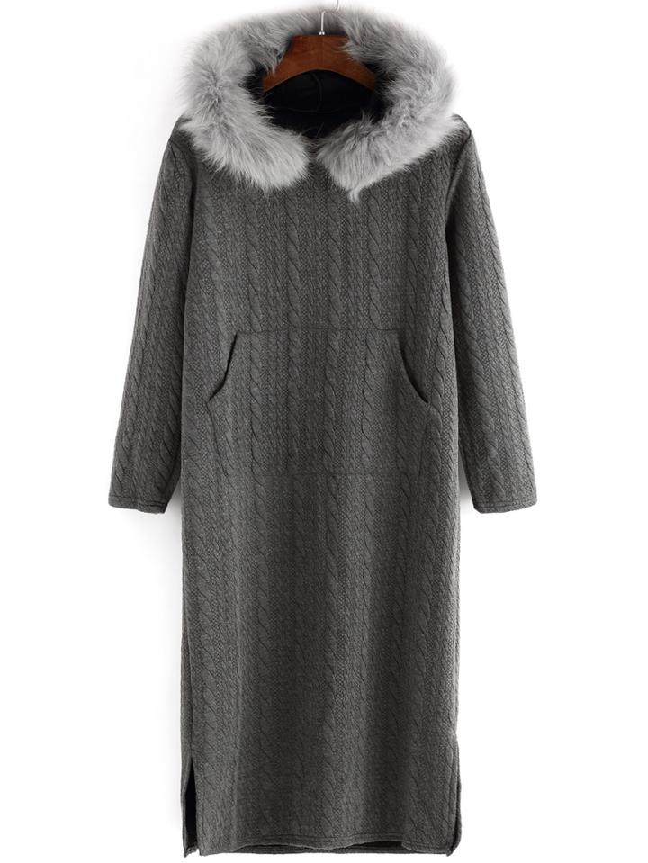 Romwe Hooded Slit Pockets Sweatshirt Dress