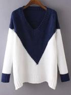 Romwe V Neck Loose Blue White Sweater