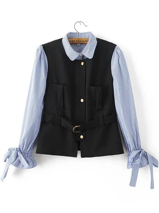 Romwe Contrast Vertical Striped Tie Sleeve Blouse With Belt