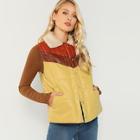 Romwe Fleece Collar Color Block Faux Leather Puffer Jacket
